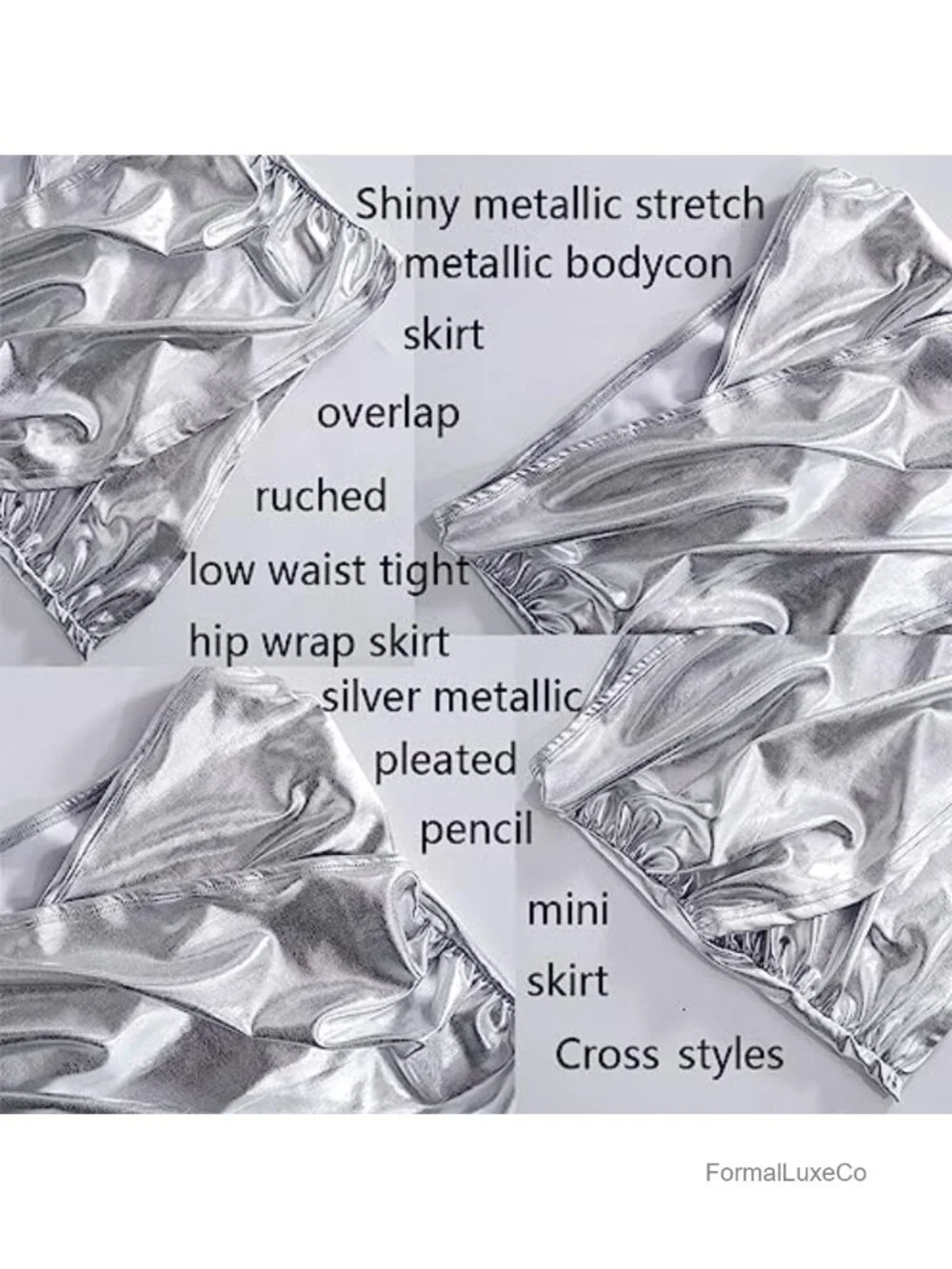 Women's Shiny Silver Metallic Cross Mini Skirt Holographic Ruched Wrap Hem